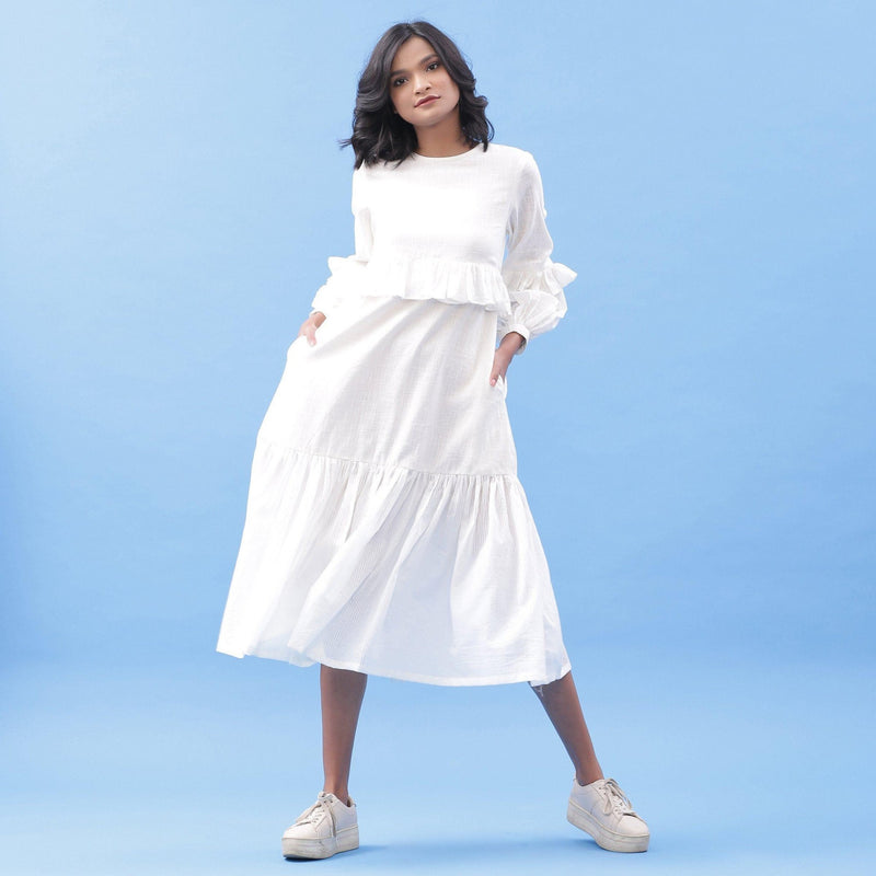 Front View of a Model wearing White Cotton Frilled Bohemian Tier Midi Dress