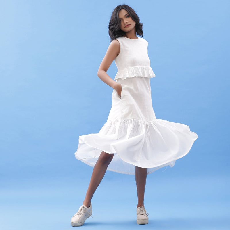 White Frilled Cotton Bohemian Sleeveless Midi Dress 26