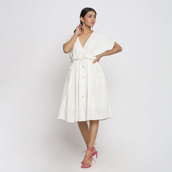 White Frilled Cotton Knee Length Bohemian Dress 46" / Petite (5'1" and below) White Frilled Cotton Knee Length Bohemian Dress 46" / Petite (5'1" and below)