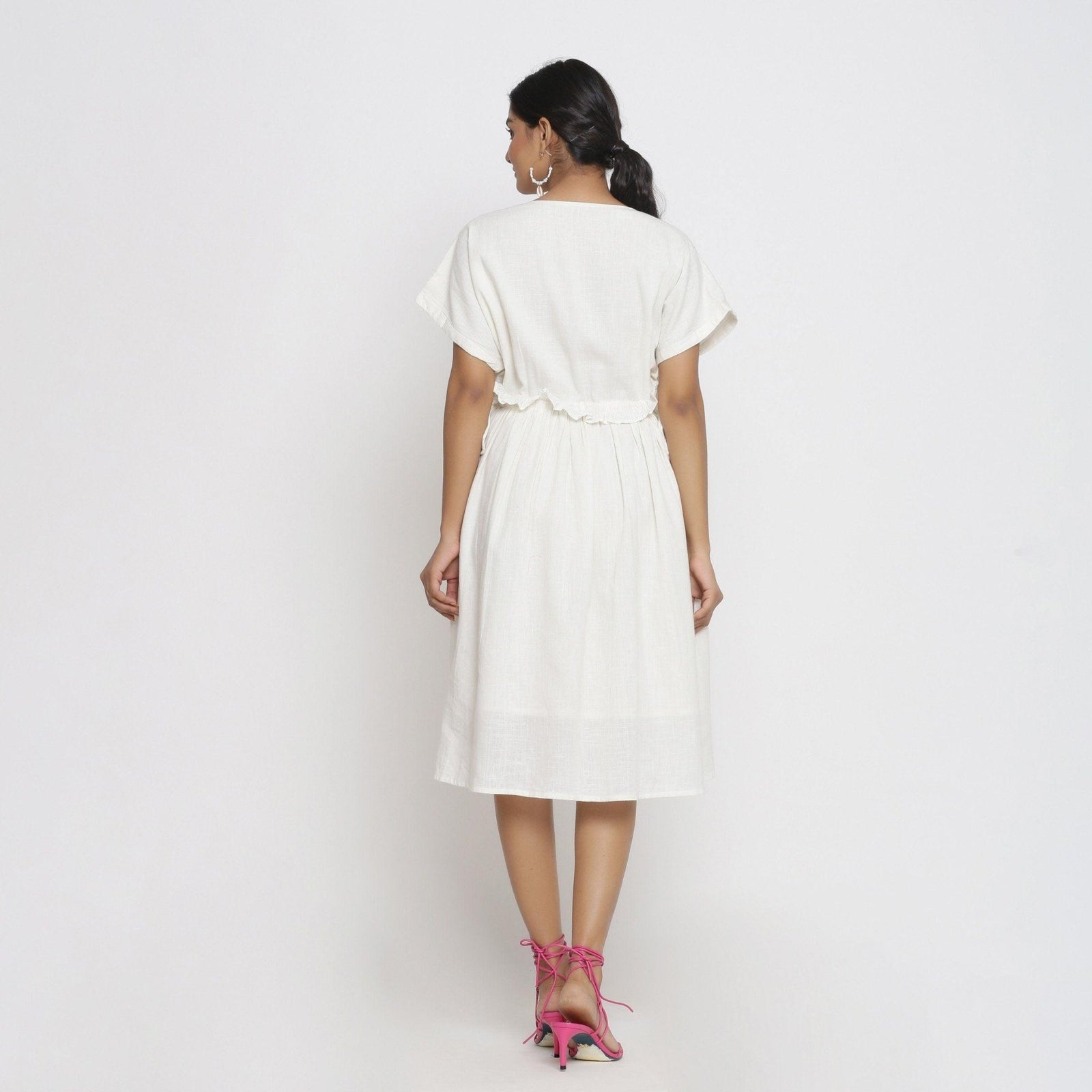 white summer dress knee length Frilled Cotton Bohemian 46
