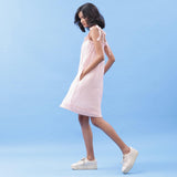 White Frilled Crinkled Cotton Knee Length A-Line Dress