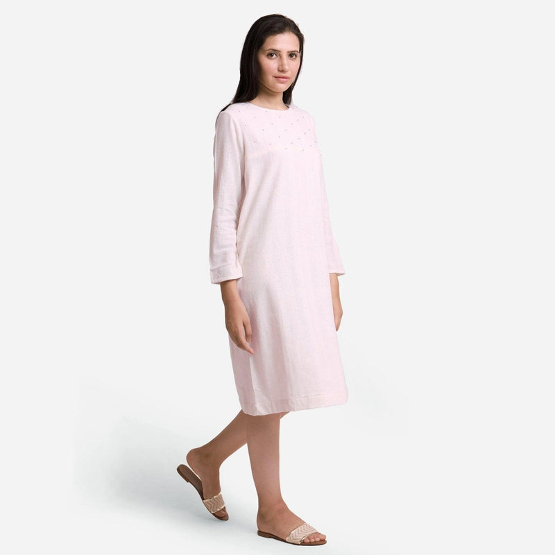 White Hand Beaded Cotton Knee Length Shift Dress White Hand Beaded Cotton Knee Length Shift Dress