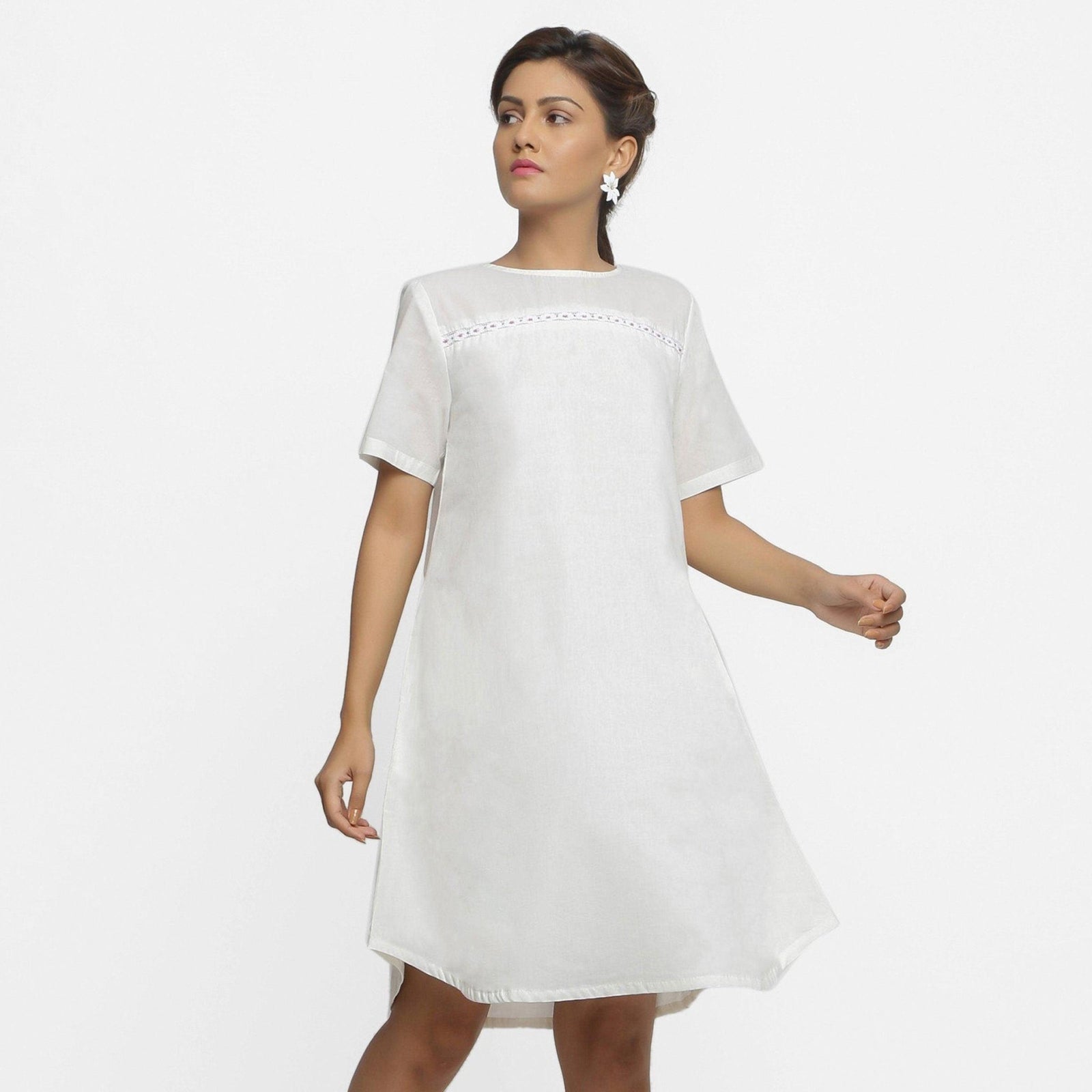 white a line knee length dress Hand Beaded Organic Cotton A-Line 48
