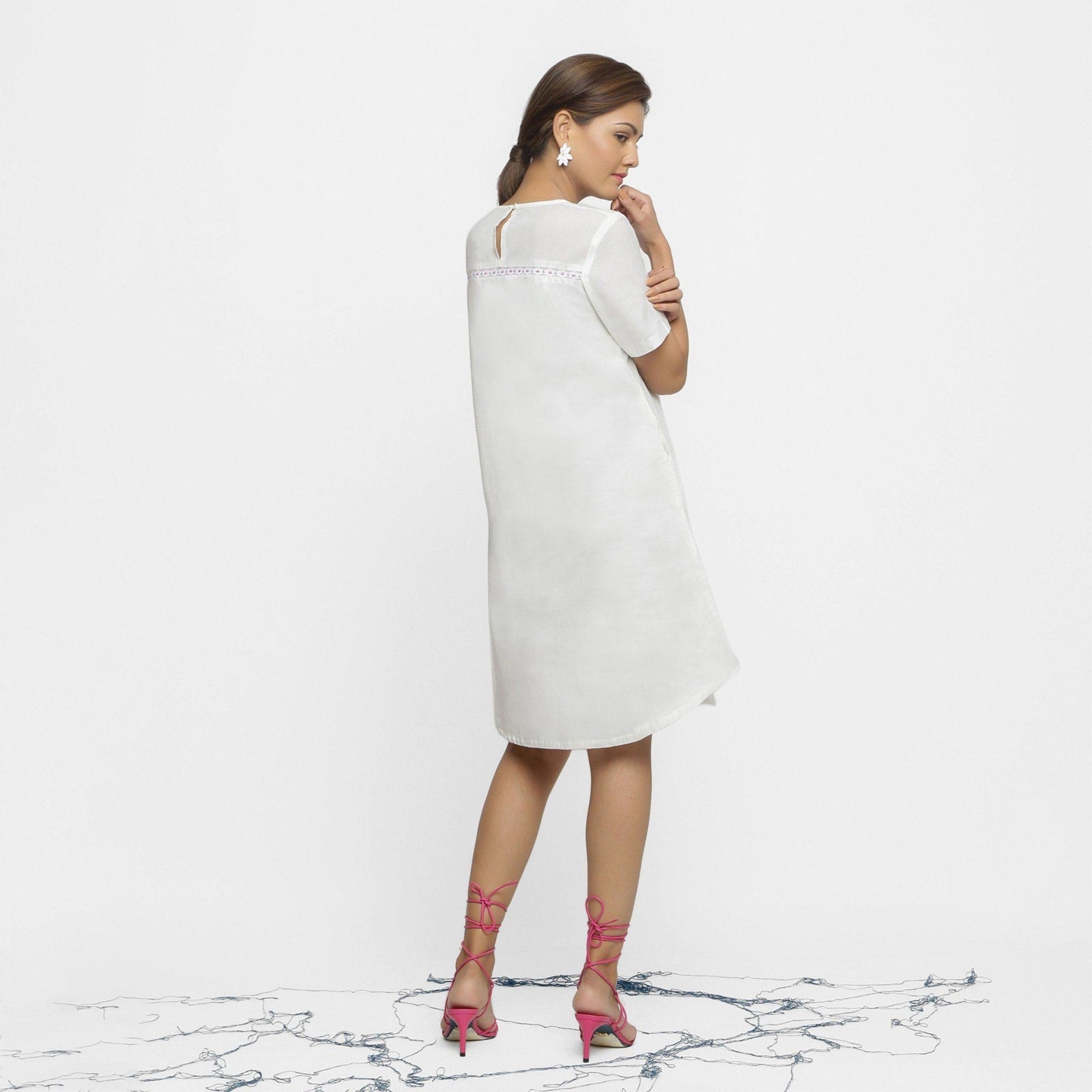 White Hand Beaded Organic Cotton A-Line Knee Length Dress 48" / Tall (5'7" and above)