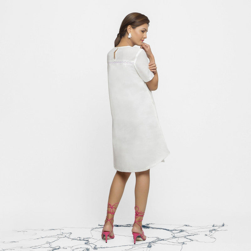 Buy White Hand Beaded Organic Cotton A-Line Knee Length Dress Online at SeamsFriendly Buy White Hand Beaded Organic Cotton A-Line Knee Length Dress Online at SeamsFriendly