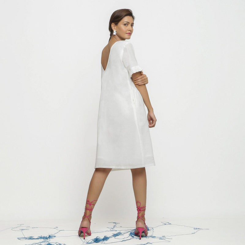 White Hand-Embroidered Organic Cotton Knee Length Shift Dress 38" / Tall (5'7" and above) White Hand-Embroidered Organic Cotton Knee Length Shift Dress 38" / Tall (5'7" and above)