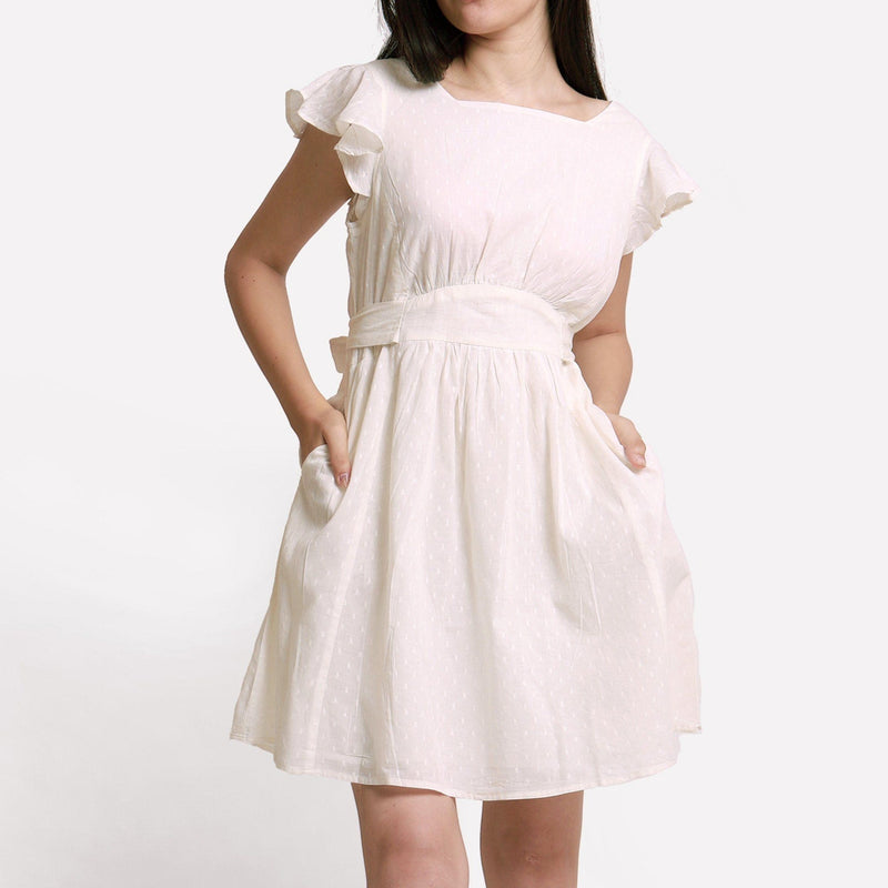 White Horseshoe Neck Cotton Princess Line Short Dress 52" / Regular (5'2" - 5'6") White Horseshoe Neck Cotton Princess Line Short Dress 52" / Regular (5'2" - 5'6")