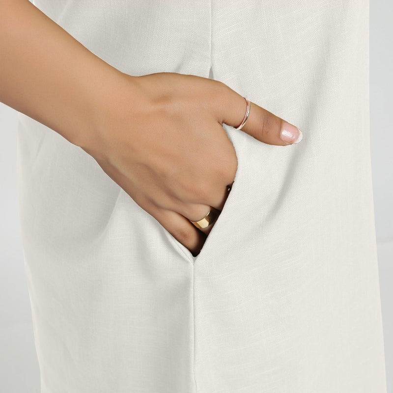 Right Detail of a Model wearing White Criss-Cross Cotton A-Line Dress