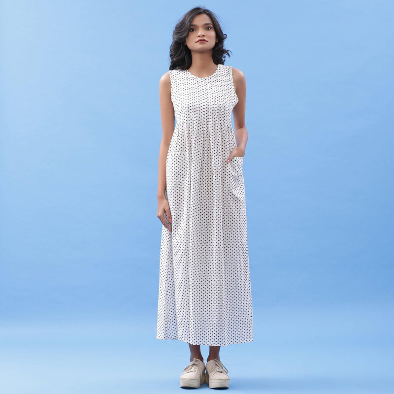 Front View of a Model wearing Hand Block Printed Minimal Pleated Maxi Dress