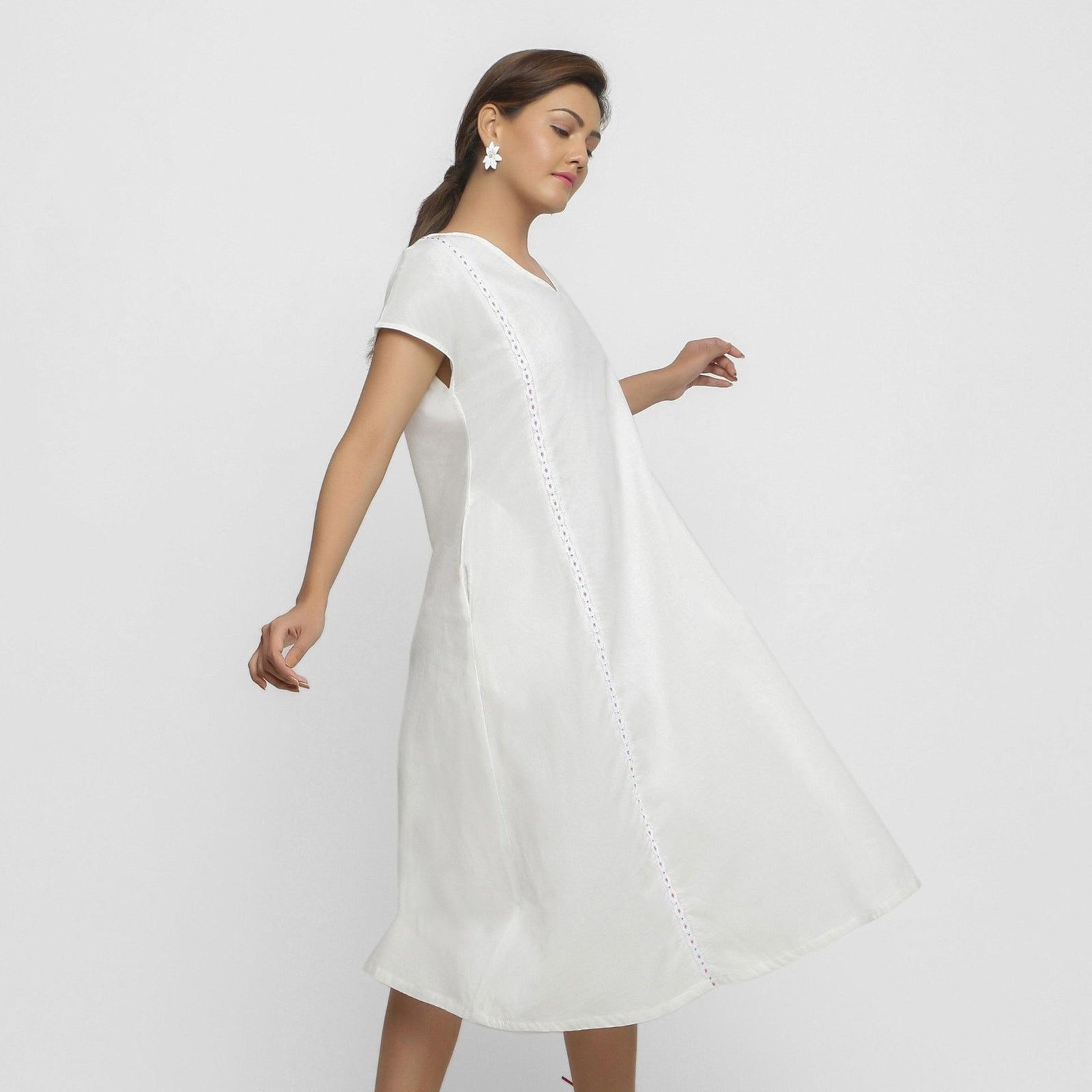 Buy White Organic 100% Cotton Lace Midi Flared Dress Online at