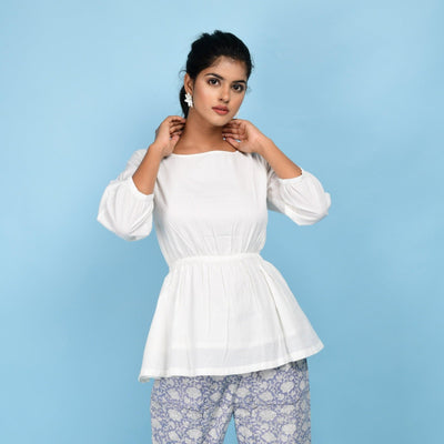 Round neck peplum top in White Organic Cotton