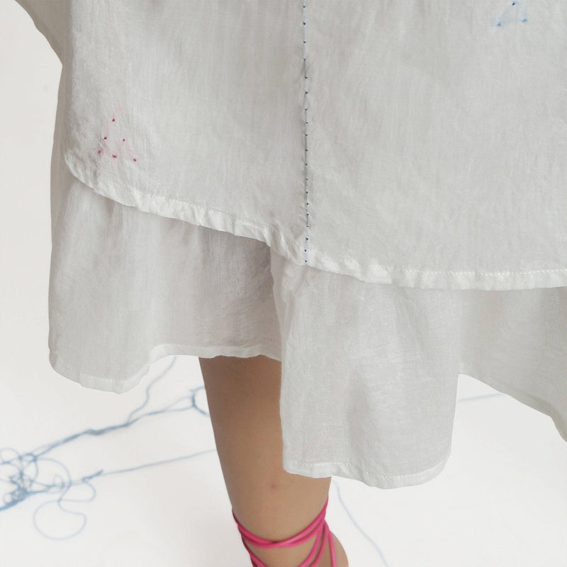 Close View of a Model wearing White Embroidered Cotton A-Line Dress