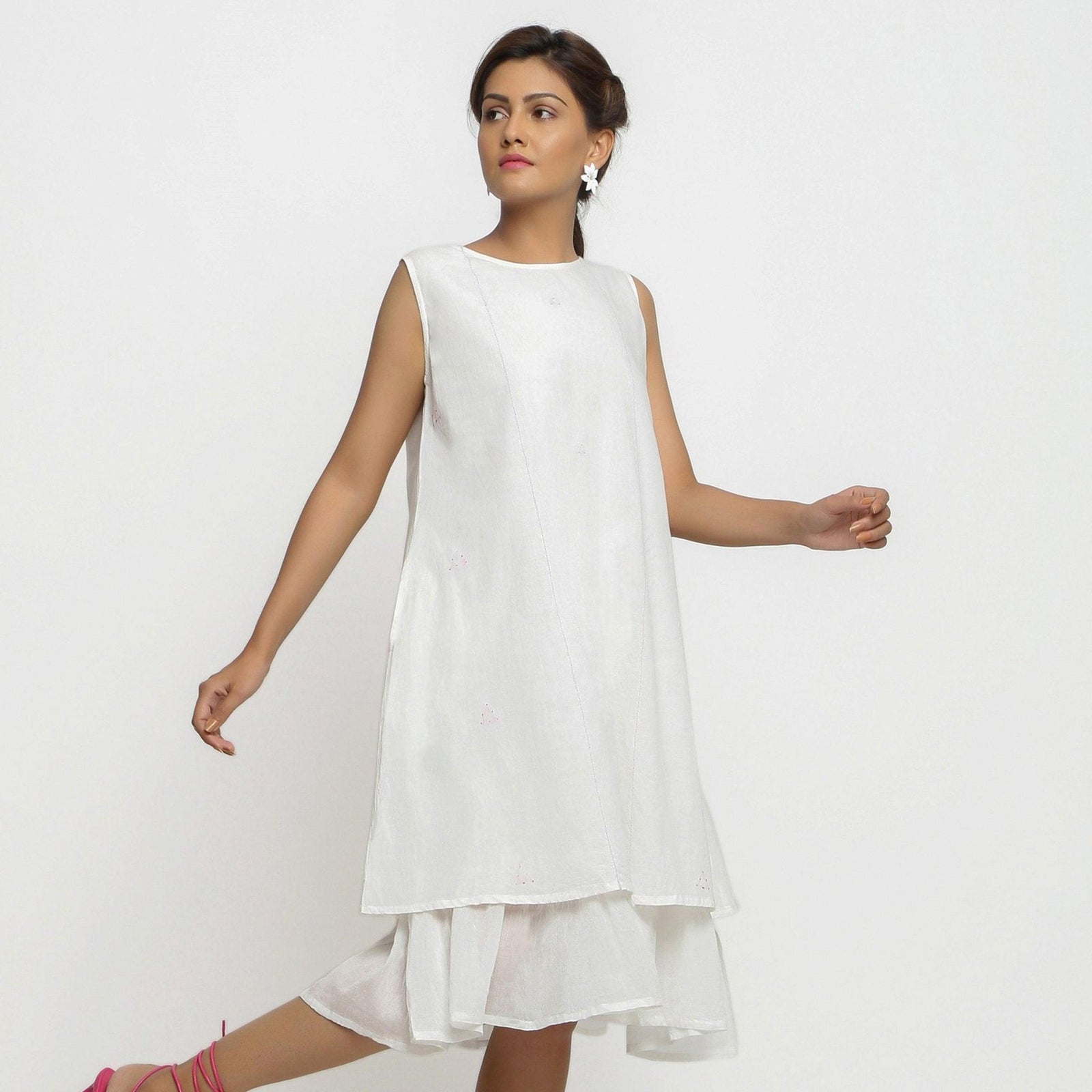White Organic Cotton A-Line Knee Length Dress
