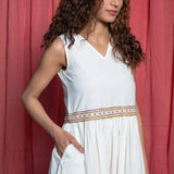 Front Detail of a Model wearing White Organic Cotton Block Print Lace Sundress