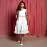 Front View of a Model wearing White Organic Cotton Block Print Lace Sundress