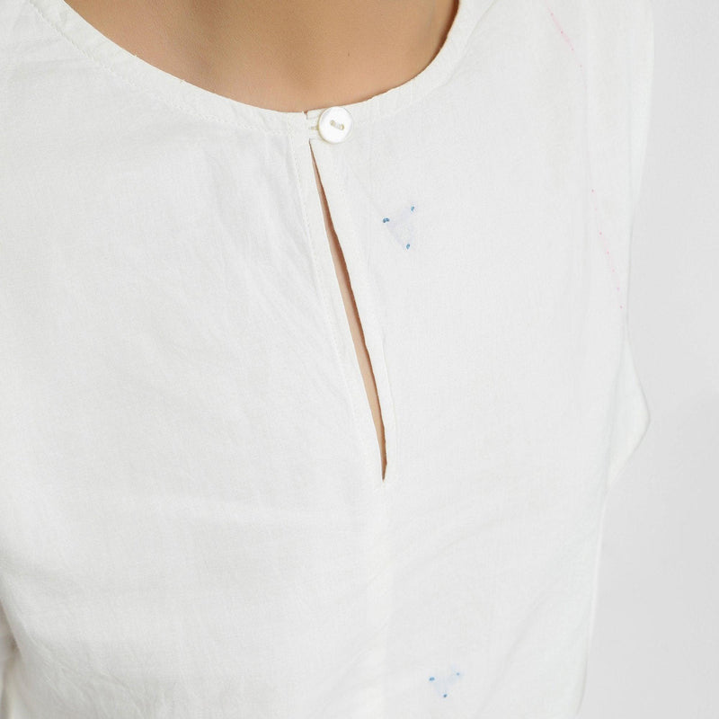 Front Detail of a Model wearing Hand Embroidered Organic Cotton Paneled Top