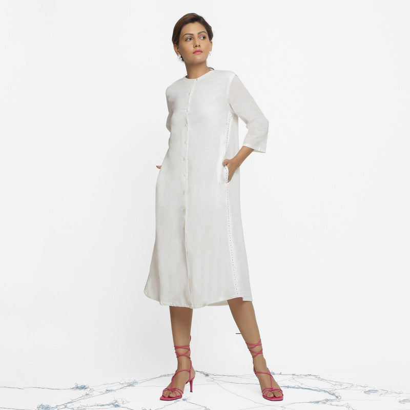 White Organic Cotton Hand Beaded Button-Down Midi Dress 54" / Regular (5'2" - 5'6") White Organic Cotton Hand Beaded Button-Down Midi Dress 54" / Regular (5'2" - 5'6")