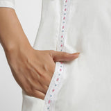 Right Detail of a Model wearing White Hand Beaded Button-Down Dress