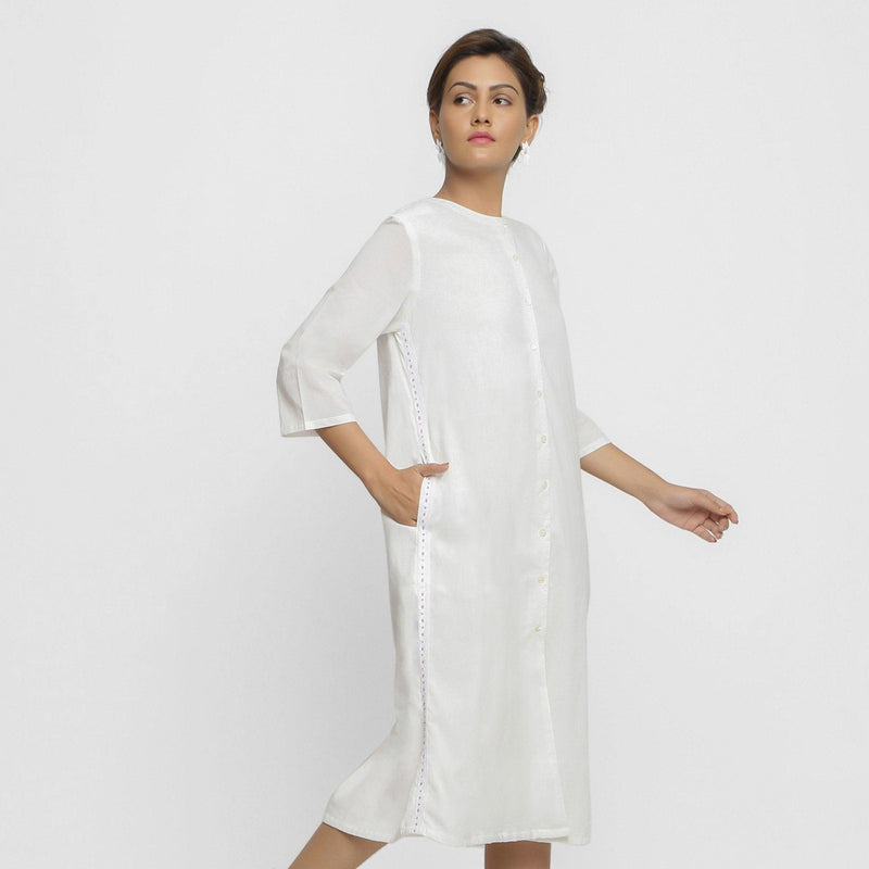 White Organic Cotton Hand Beaded Button-Down Midi Dress 54" / Regular (5'2" - 5'6") White Organic Cotton Hand Beaded Button-Down Midi Dress 54" / Regular (5'2" - 5'6")