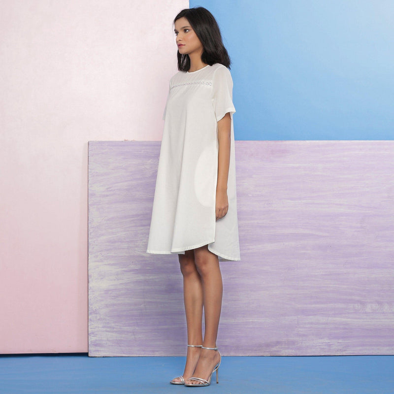 White Organic Cotton Hand Beaded Knee Length A-Line Dress 70" / Petite (5'1" and below) White Organic Cotton Hand Beaded Knee Length A-Line Dress 70" / Petite (5'1" and below)