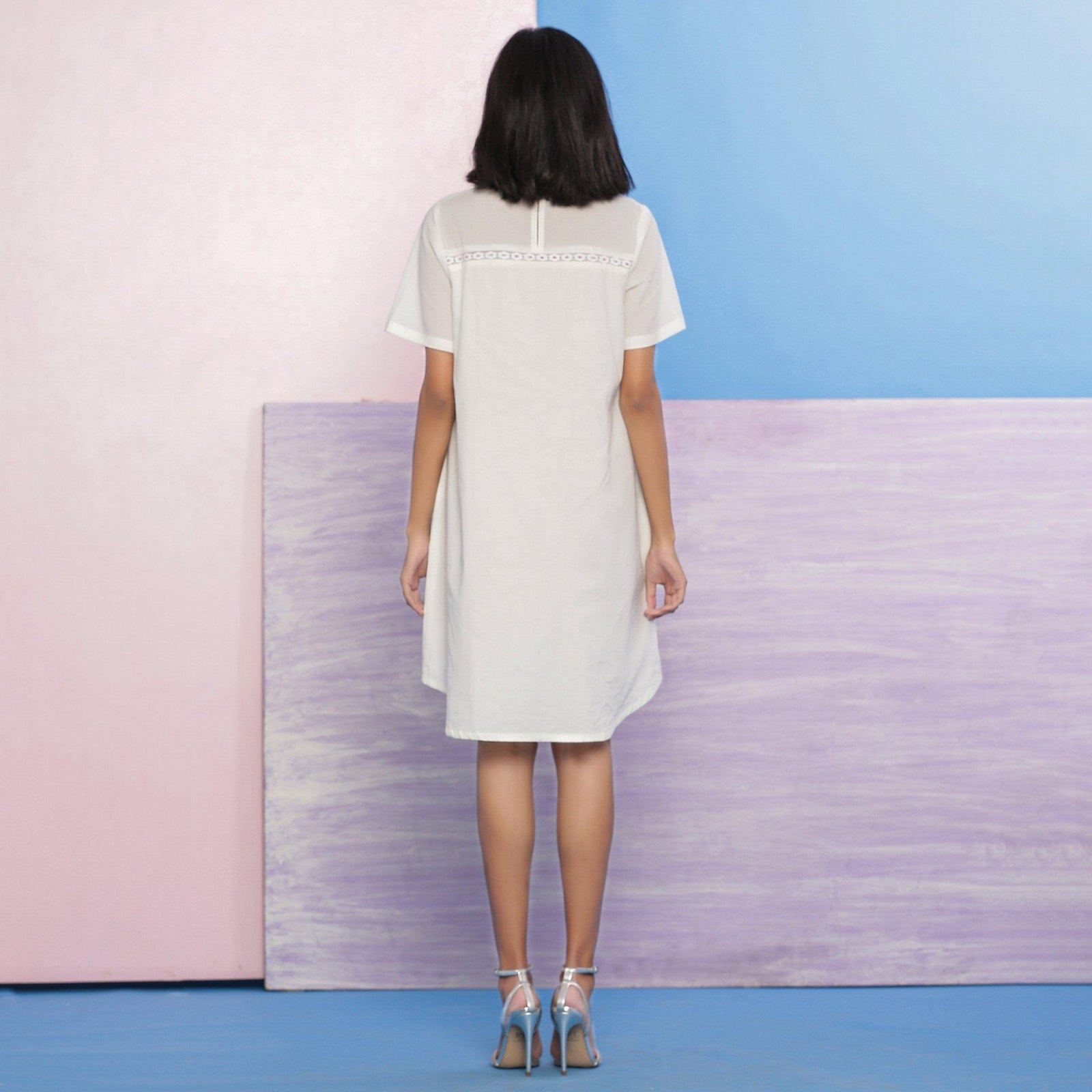 white cotton knee length dress White Organic Cotton Hand Beaded Knee Length A-Line Dress 70