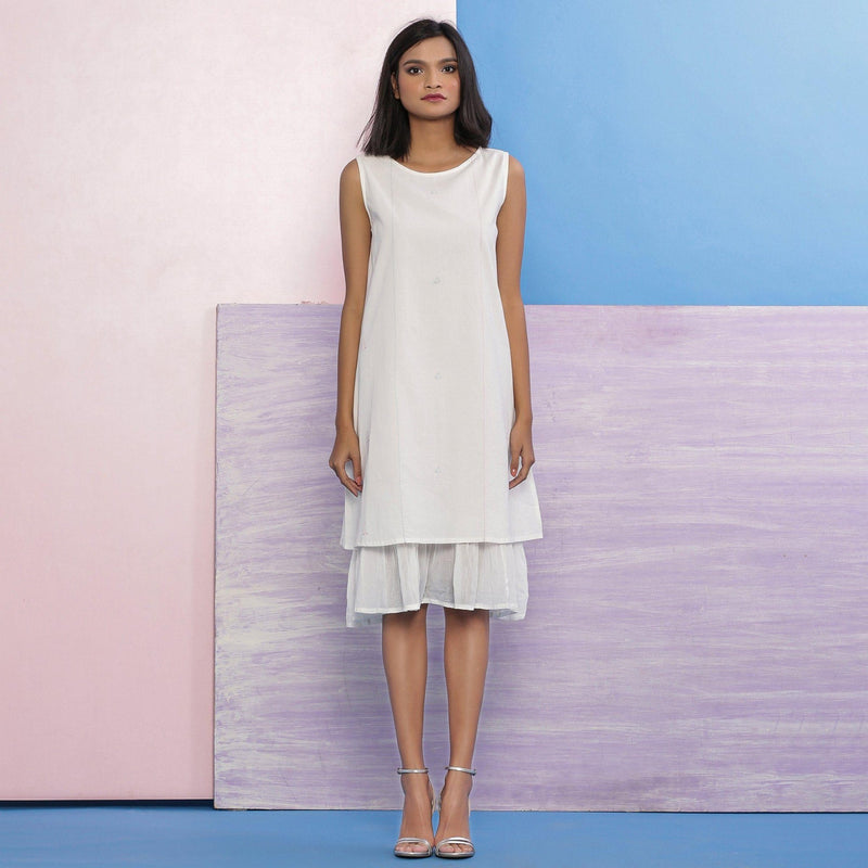 White Organic Cotton Knee Length Hand Beaded A-Line Dress 32" / Custom Height (Free) White Organic Cotton Knee Length Hand Beaded A-Line Dress 32" / Custom Height (Free)