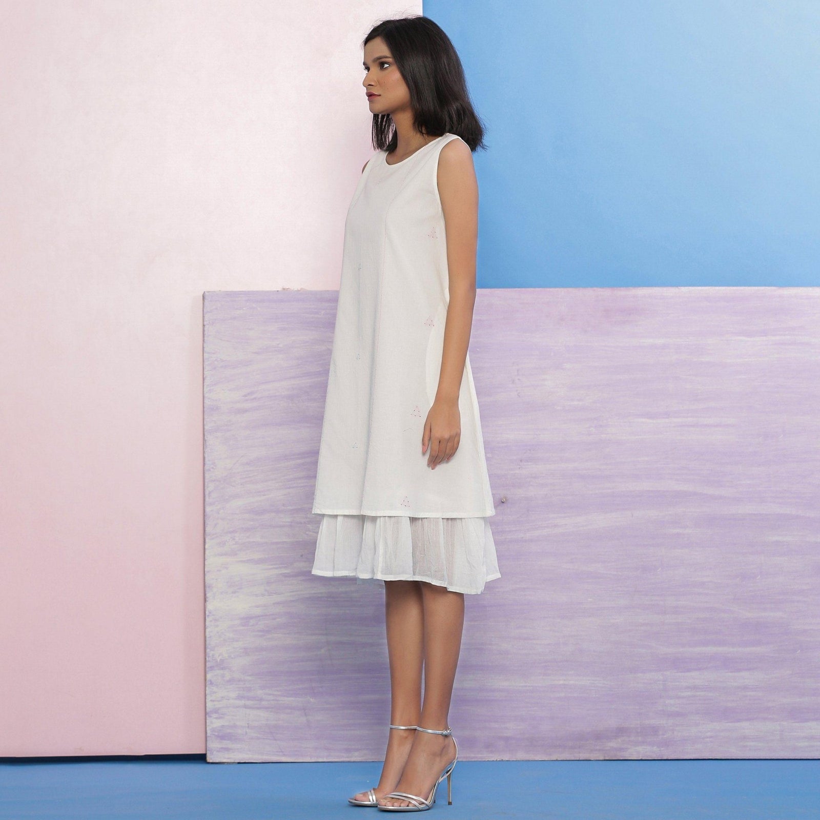 White Organic Cotton Knee Length Hand Beaded A-Line Dress
