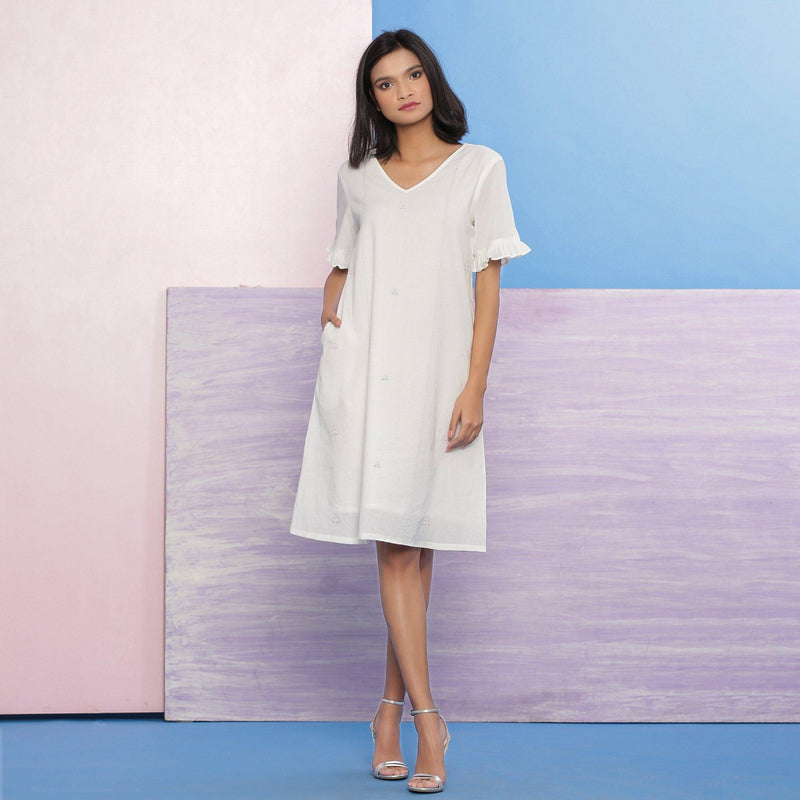White Organic Cotton Knee Length Hand-Embroidered Shift Dress 52" / Regular (5'2" - 5'6") White Organic Cotton Knee Length Hand-Embroidered Shift Dress 52" / Regular (5'2" - 5'6")