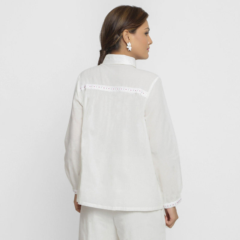 Back View of a Model wearing White Cotton Lined Button-Down Top