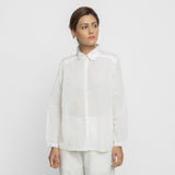 Front View of a Model wearing White Organic Cotton Lined Peter Pan Gathered Top