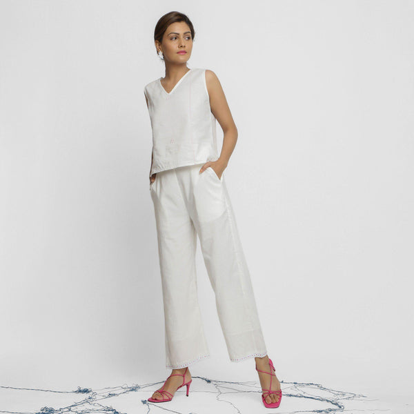 Front View of a Model wearing White Organic Cotton Top and Banded Hem Pant Set