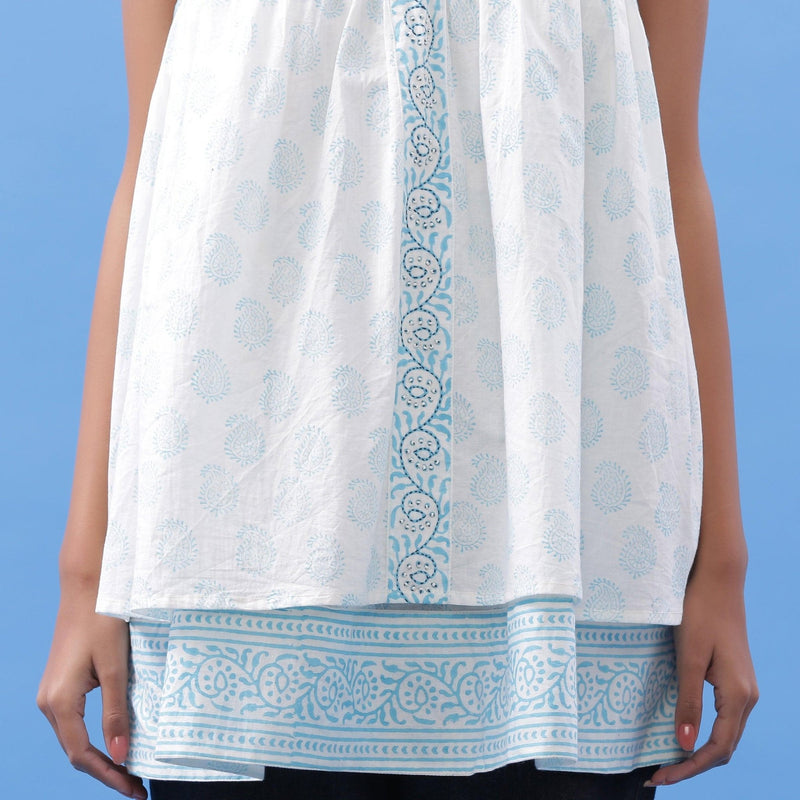 White Paisley Block Printed Cotton V-Neck Tunic Top