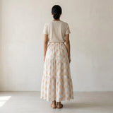 White-Peach Floral Hand Print Cotton Elasticated Maxi Tier Skirt