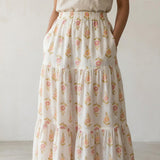 White-Peach Floral Hand Print Cotton Elasticated Maxi Tier Skirt