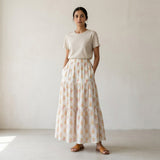 White-Peach Floral Hand Print Cotton Elasticated Maxi Tier Skirt