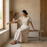 White-Peach Floral Hand Print Cotton Elasticated Maxi Tier Skirt