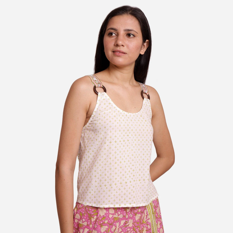 Right View of a Model wearing White Sanganeri Block Print Cotton Crop Top