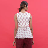 Back View of a Model wearing White Sanganeri Print High Low Top