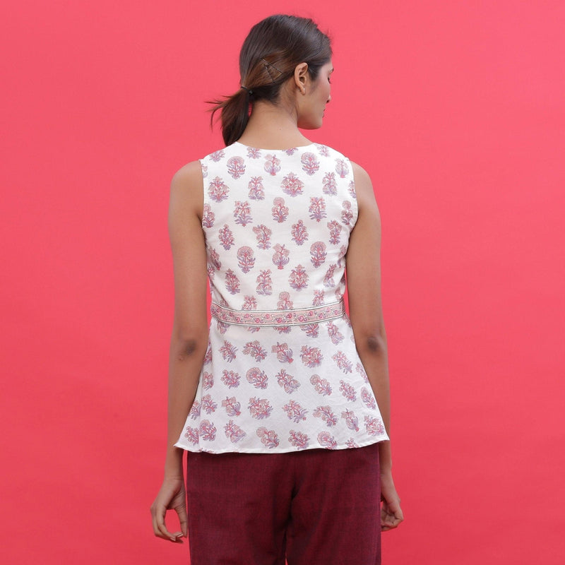 Back View of a Model wearing White Sanganeri Print High Low Top