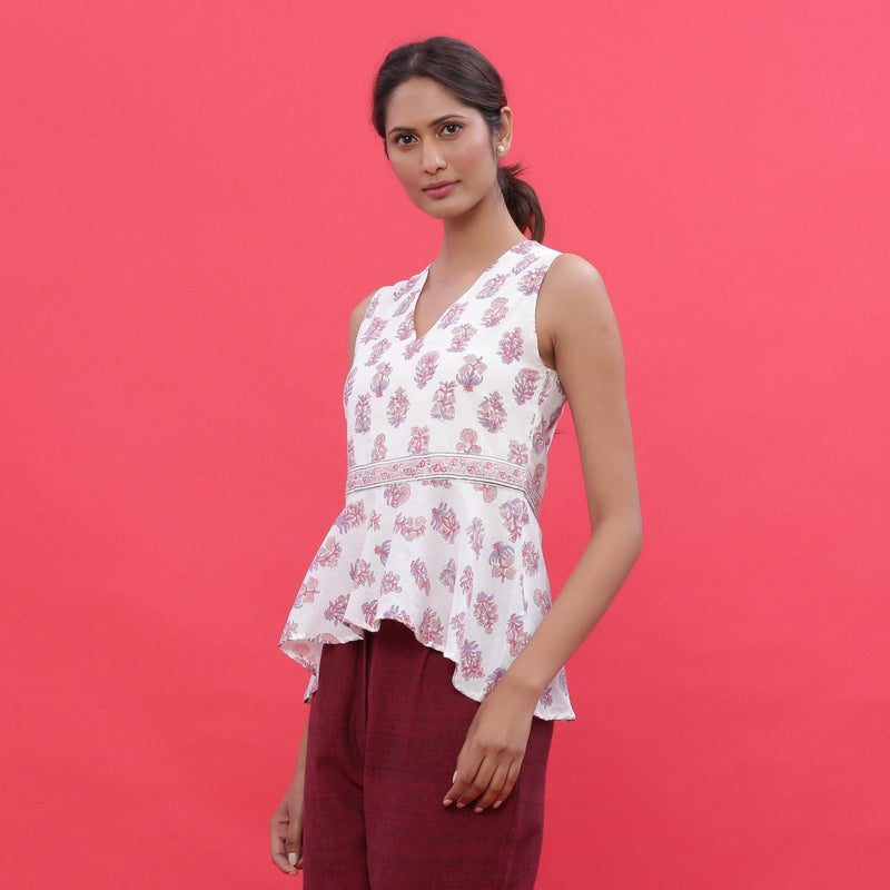 Left View of a Model wearing White Sanganeri Print High Low Top