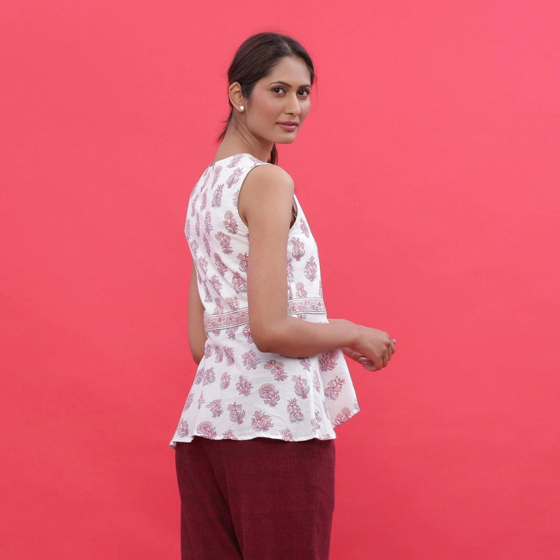 Back View of a Model wearing White Sanganeri Block Print High-Low Cotton Top