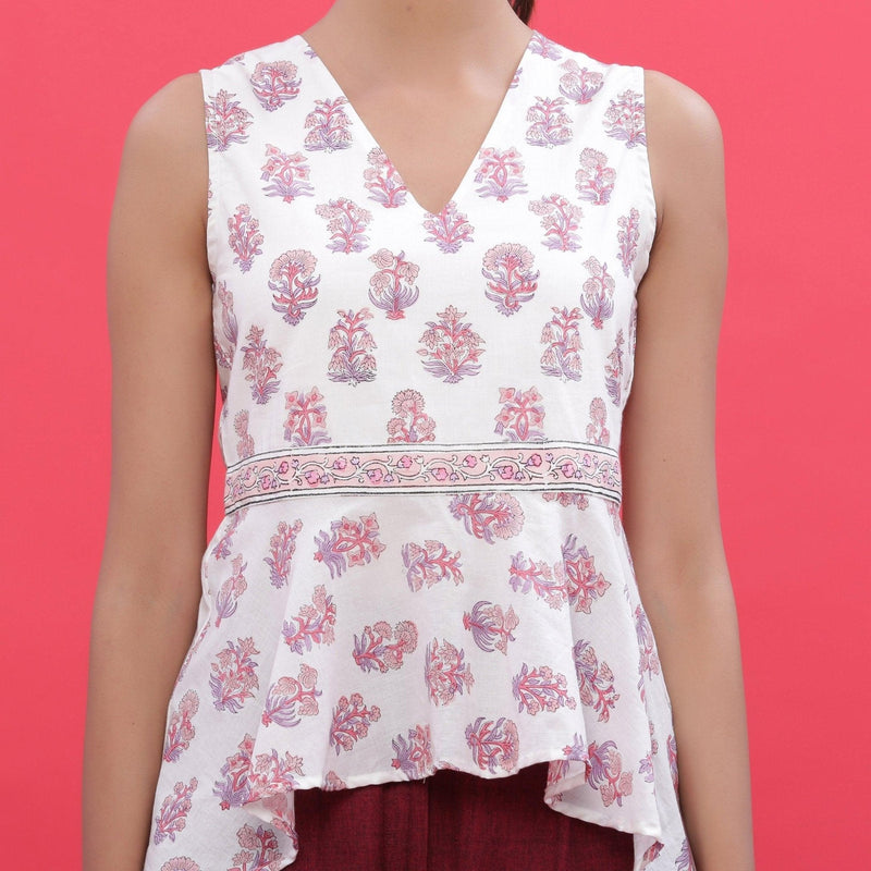 Front Detail of a Model wearing White Sanganeri Print High Low Top