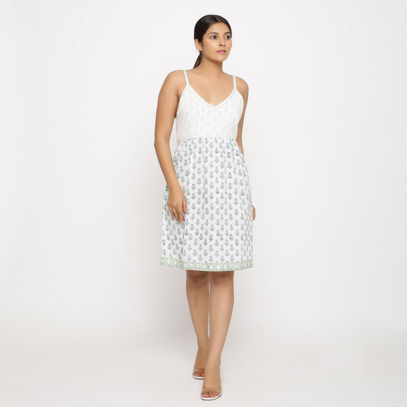 Front View of a Model wearing White Sanganeri Block Printed Cotton Camisole Dress