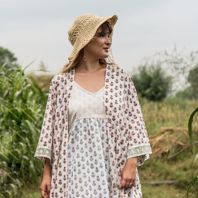 Front View of a Model wearing White Sanganeri Block Printed Cotton Camisole Dress