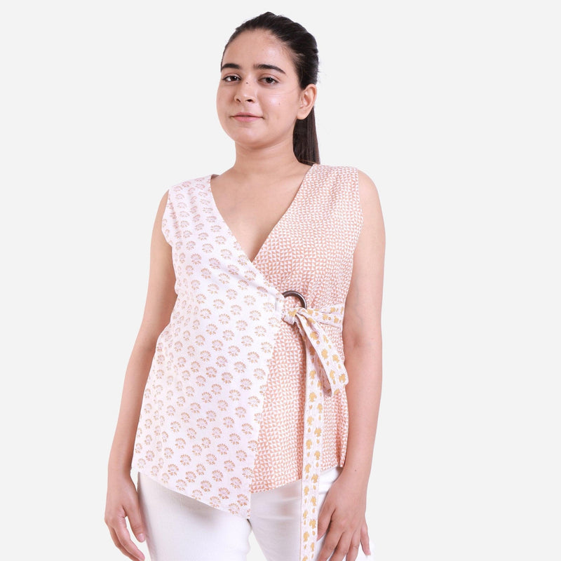 Front View of a Model wearing White Sanganeri Block Printed Cotton Sleeveless Wrap Top