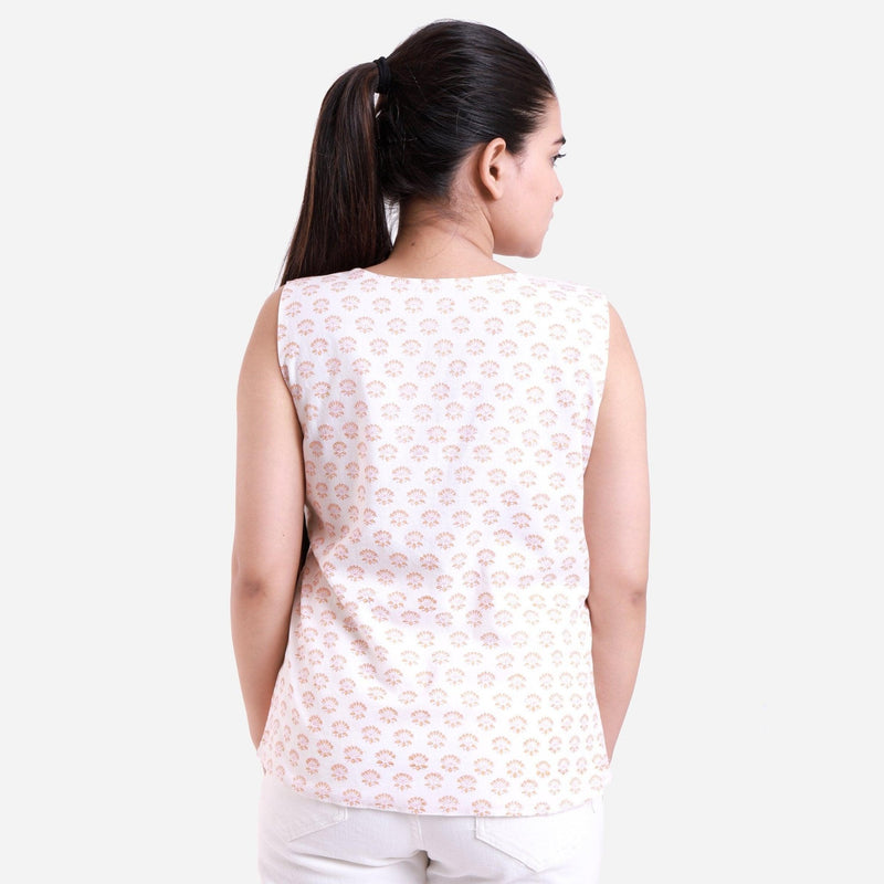 Back View of a Model wearing White Block Printed Lace Wrap Top