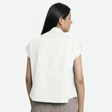 Back View of a Model wearing White Deep Neck Button-Down Cotton Top