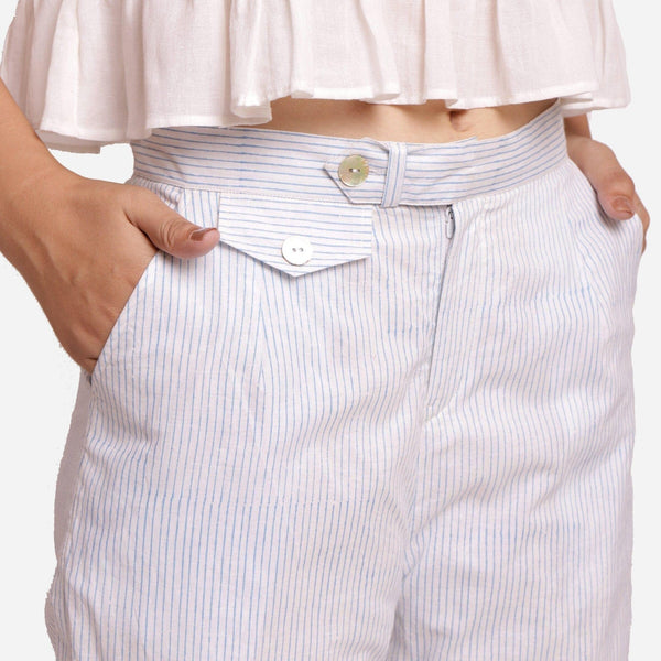 Front Detail of a Model wearing White Hand Block Printed Striped Pant