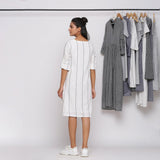 White Striped Handspun Cotton Knee Length Roll-Up Sleeve Dress