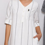 White Striped Handspun Cotton Knee Length Roll-Up Sleeve Dress